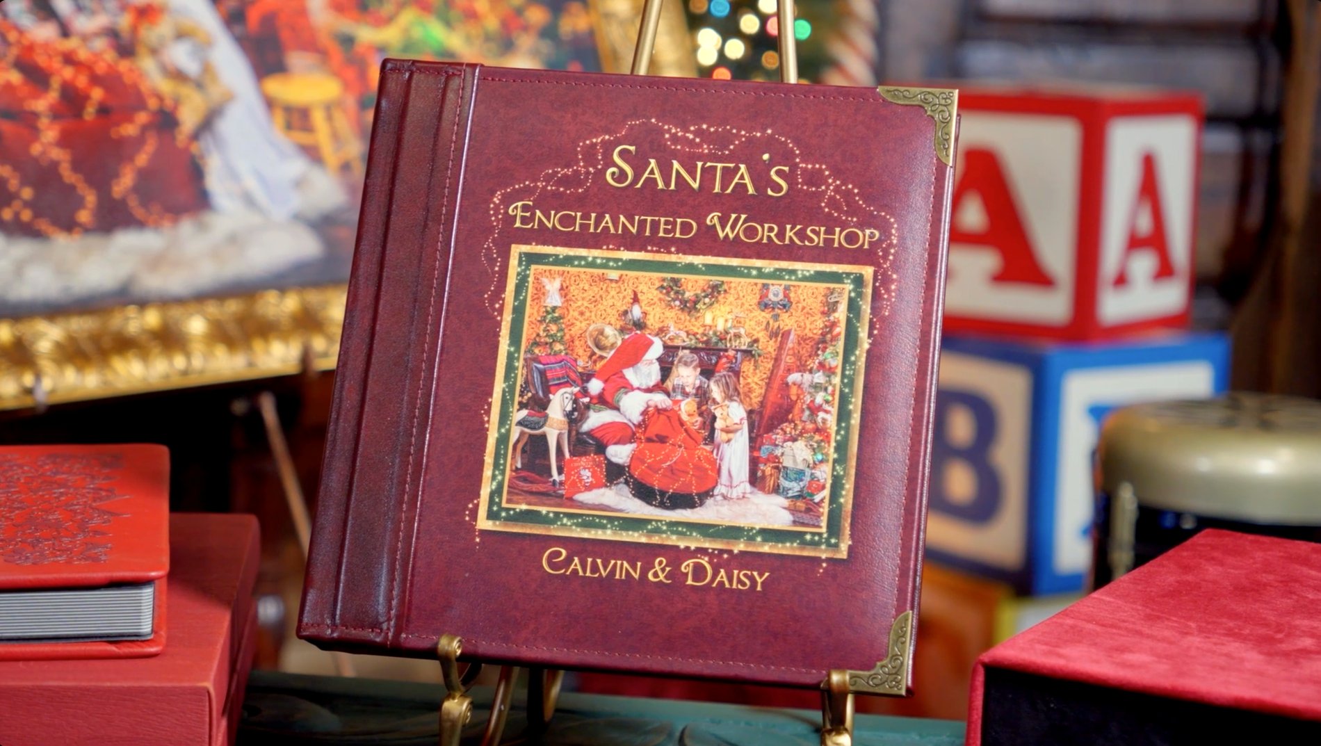 A burgundy leather custom storybook — Santa’s Enchanted Workshop, Calvin & Daisy